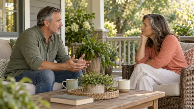 Two adult partners listening to one another during a calm conversation on a shaded porch.