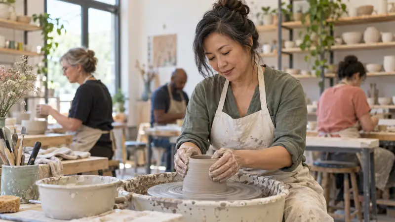 A woman concentrating on pottery during a bright community studio class.