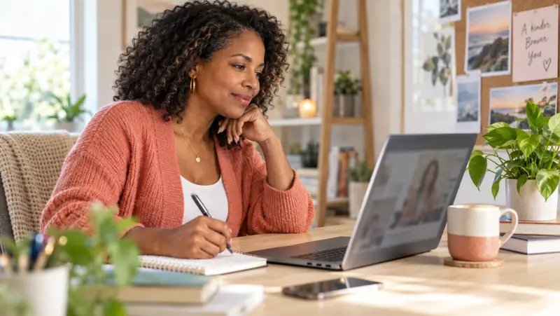 A woman reviewing an online course on a laptop and writing notes at a bright home-office desk.