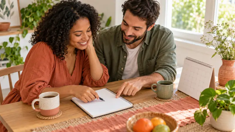 An adult couple using blank notebooks and a calendar to discuss shared plans at a sunny table.