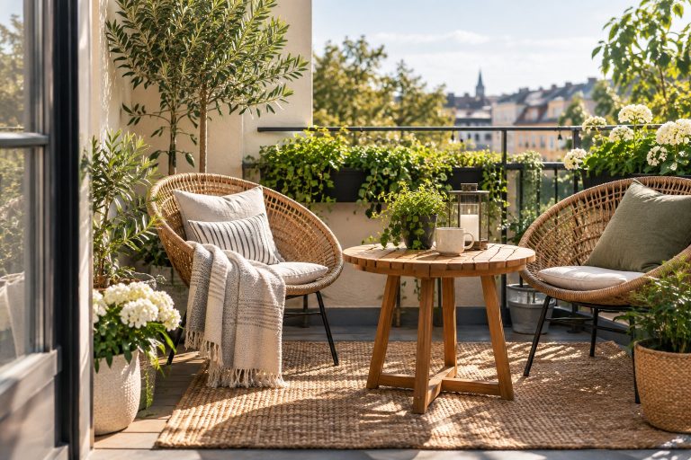 Small balcony, lovely possibilities — AI-generated editorial illustration